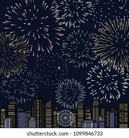 Cityscape buildings with fireworks. vector illustration.