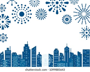 Cityscape buildings with fireworks. vector illustration.