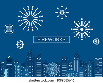 Cityscape buildings with fireworks. vector illustration.