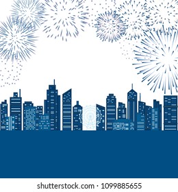 Cityscape buildings with fireworks. vector illustration.