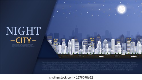 Cityscape with buildings with Group of Skyscrapers in the night.and the panorama view.and traffic of cars within the city.and represents the city in Europe and paper cut style design. and background.