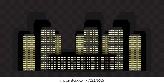Cityscape buildings at night, isolated on black transparent background, vector illustration. Windows with light, tall skyscraper in row, tower, financial district, downtown concept. 