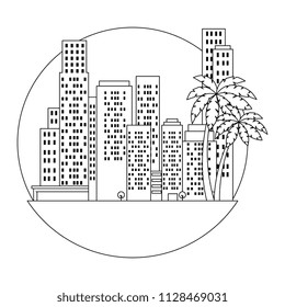 cityscape buildings with palms scene