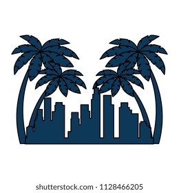 cityscape buildings with palms silhouette scene