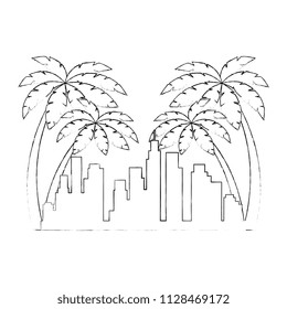 cityscape buildings with palms silhouette scene