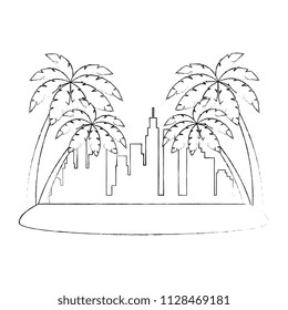 cityscape buildings with palms silhouette scene