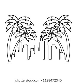 cityscape buildings with palms silhouette scene