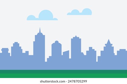 Cityscape with buildings and parkland. 2d Cartoon City Background with buildings. 
City illustration wallpaper.