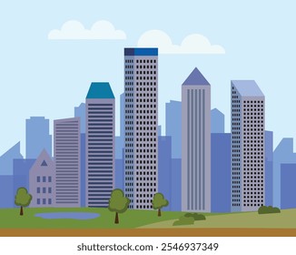 Cityscape with buildings and parkland. City illustration wallpaper.