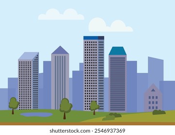 Cityscape with buildings and parkland. City illustration wallpaper.