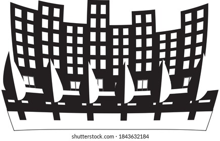 
Paisaje urbano con edificios, carreteras y filas de árboles