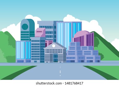 cityscape buildings scene day with road
