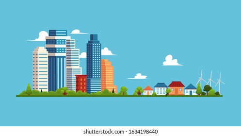 Cityscape with buildings and skyscrapers, small private suburban houses. Small town, suburb and big city concept, flat buildings vector illustration.