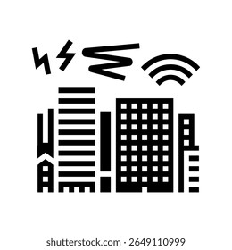 cityscape buildings surrounded by sound waves glyph icon vector. cityscape buildings surrounded by sound waves sign. isolated symbol illustration