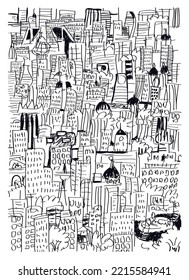 Cityscape with buildings, trees and domes piled up. Hand drawn sketch inked lines style black and white vector illustration.