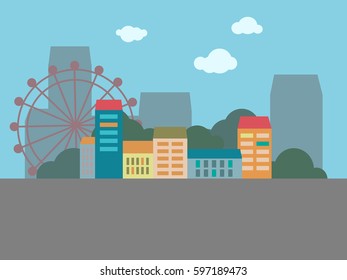 Cityscape with buildings, trees, Ferris wheel and clouds. Vector image of city infrastructure