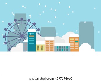 Cityscape with buildings, trees, Ferris wheel in winter. Vector image of city infrastructure