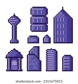 Cityscape Buildings Vector Illustration Pixel Art Purple White Background Skyscraper Isolated Variation Model Design Unique 