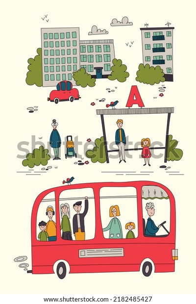 Cityscape with\
bus, bus stop. Passengers at the bus stop and on the bus. Doodle\
hand drawn. Vector\
illustration.
