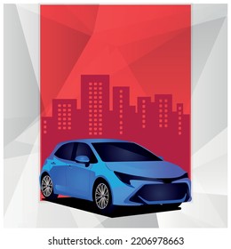 Cityscape with car illustration. Blu car in the city.