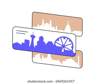 Tarjetas Cityscape, Lugares famosos de viaje. Atracciones turísticas, edificios famosos, panoramas urbanos. Destinos de viaje y viaje, concepto turístico. Ilustración vectorial plana aislada sobre fondo blanco