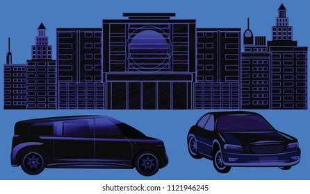 Cityscape - Cars and buildings - dark blue color - art vector illustration