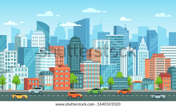 Cityscape Cars City Street Road Town Stock Vector (Royalty Free) 1640501020