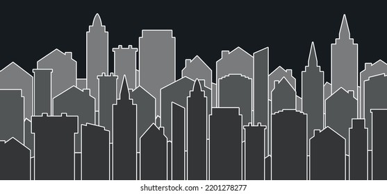 Cityscape. Cartoon urban skyline. City panorama, landscape, street, flat and office buildings. Wide horizontal panorama. Drawing silouette town view sky. Skyscrapers
