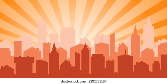 Cityscape. Cartoon urban skyline. City panorama, landscape, street, flat and office buildings. Wide horizontal panorama. Drawing silouette town view sky. Skyscrapers, sunrise, morning or evening sun