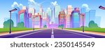 Cityscape cartoon vector illustration of downtown with high modern buildings, empty road surrounded by lamps and sky with clouds. Urban horizontal banner of city skyline with empty highway and houses.