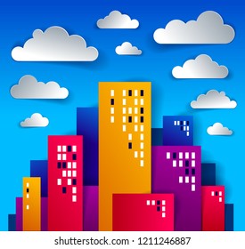 Cityscape cartoon vector illustration in paper cut kids application style, high city buildings real property houses and clouds in the sky.