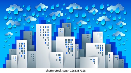 Cityscape cartoon vector illustration in paper cut kids application style, high city buildings real property houses and clouds in the sky.