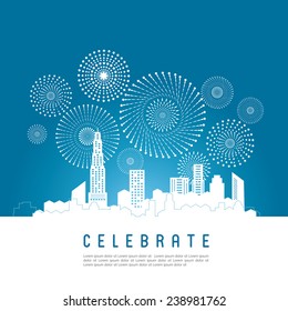 Cityscape and celebration fireworks background  Vector illustration