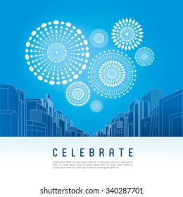 Cityscape with celebration fireworks background. Vector illustration