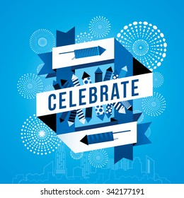 Cityscape with celebration fireworks background. Vector illustration
