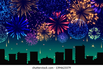 Cityscape with celebration fireworks banner vector illustration. Festive lights display over town buildings at night scene for holiday background design. Horizontally repeatable.