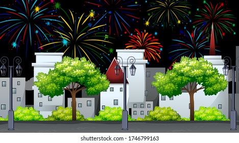 Cityscape with celebration fireworks scene illustration