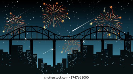 Cityscape with celebration fireworks scene illustration