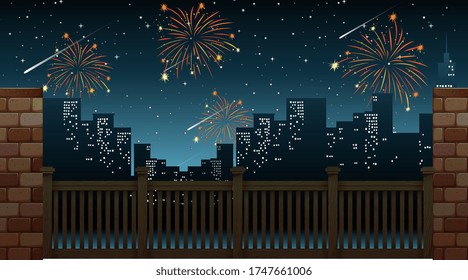 Cityscape with celebration fireworks view from the bridge illustration