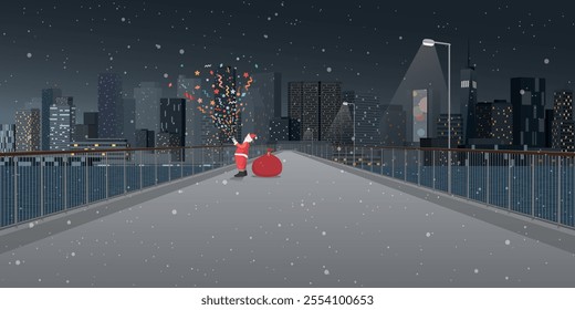 Cityscape in Christmas eve with Santa Claus playing party popper with confetti on pedestrian bridge across the river have skyscrapers and night sky background graphic illustration.