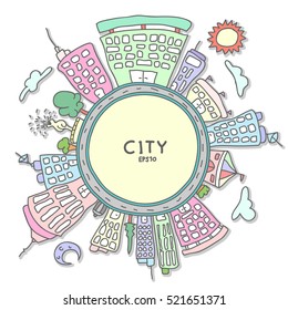 Cityscape circle doodles Vector Illustration Line Sketched Up isolated backgrounds