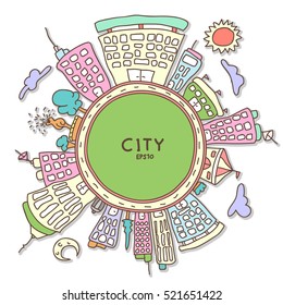 Cityscape circle doodles Vector Illustration Line Sketched Up isolated backgrounds