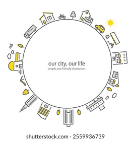 Cityscape circular frame: simple and stylish line drawing illustration