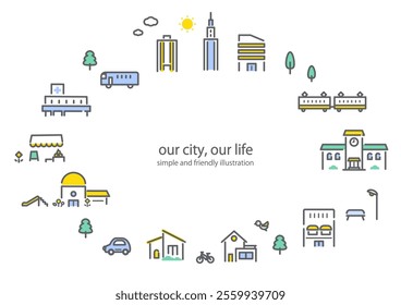 Cityscape circular frame: simple and stylish line drawing illustration