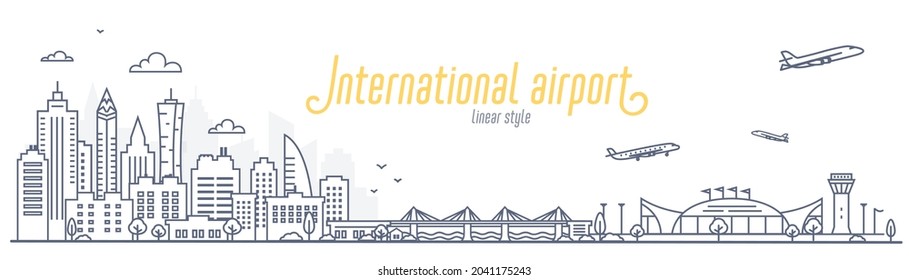 Cityscape with city airport. Concept of a city to the airport and back transfer, or Commute. Outline style vector illustration on white background.