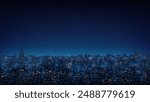 Cityscape, city buildings at night. City ​​skyline at nighttime. Night shining starry sky. Dark blue cityscape background with stars, nebula, meteor. Panoramic illustration, high resolution. Vector