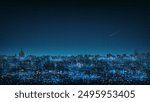 Cityscape, city buildings at night. City ​​skyline at nighttime. Night shining starry sky. Dark blue cityscape background with stars, nebula, meteor. Panoramic illustration, high resolution. Vector