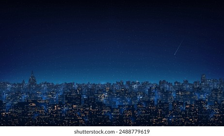 Cityscape, city buildings at night. City ​​skyline at nighttime. Night shining starry sky. Dark blue cityscape background with stars, nebula, meteor. Panoramic illustration, high resolution. Vector