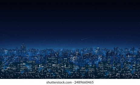 Cityscape, city buildings at night. City ​​skyline at nighttime. Night shining starry sky. Dark blue cityscape background with stars, nebula, meteor. Panoramic illustration, high resolution. Vector