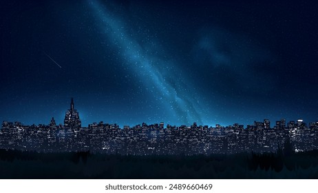 Cityscape, city buildings at night. City ​​skyline at nighttime. Night shining starry sky. Dark blue cityscape background with stars, nebula, meteor. Panoramic illustration, high resolution. Vector